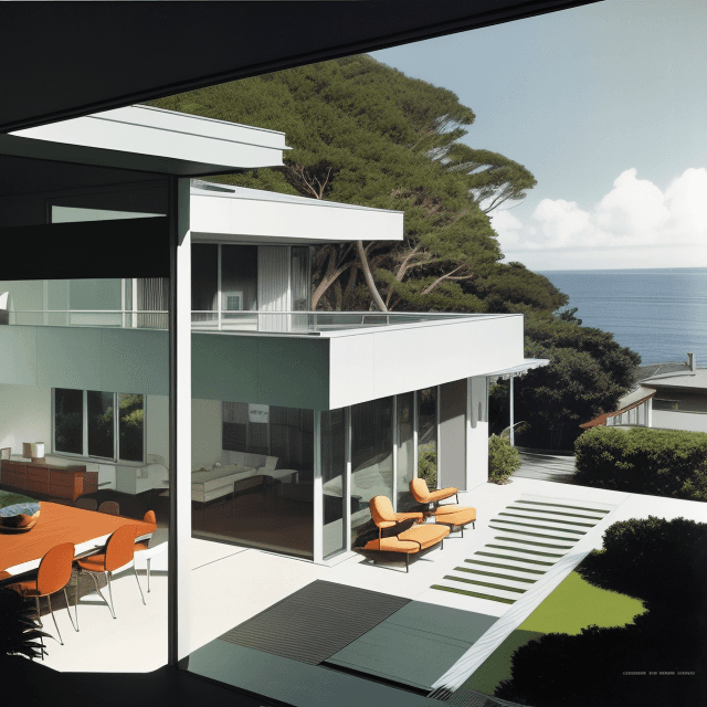 AI generated: Hyper realistic eye level exterior photo of a mid century modern style house overlooking the ocean, ...
