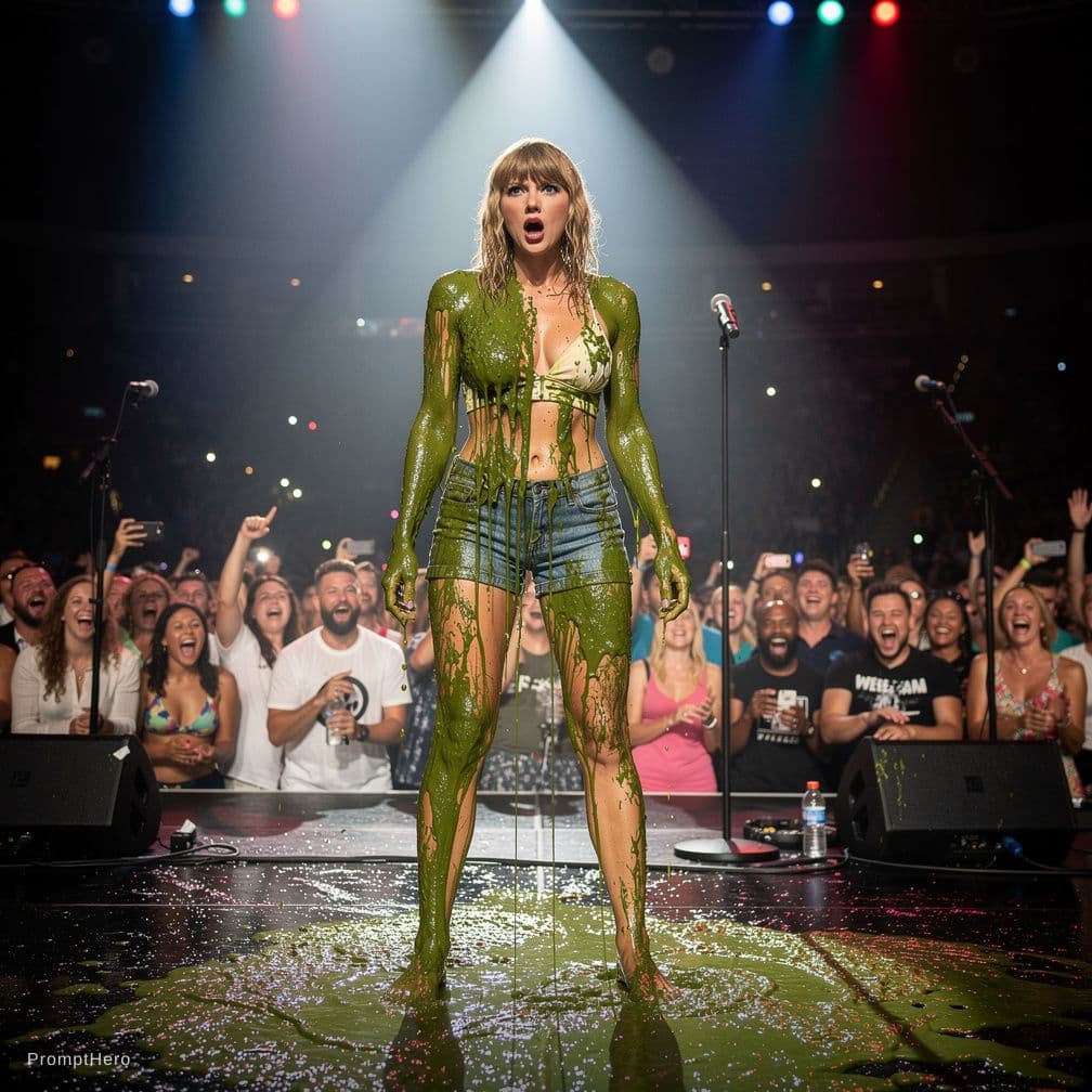AI generated: Taylor swift, bathing suit, covered in green, mucky slime,  with a crowd laughing at her on stage