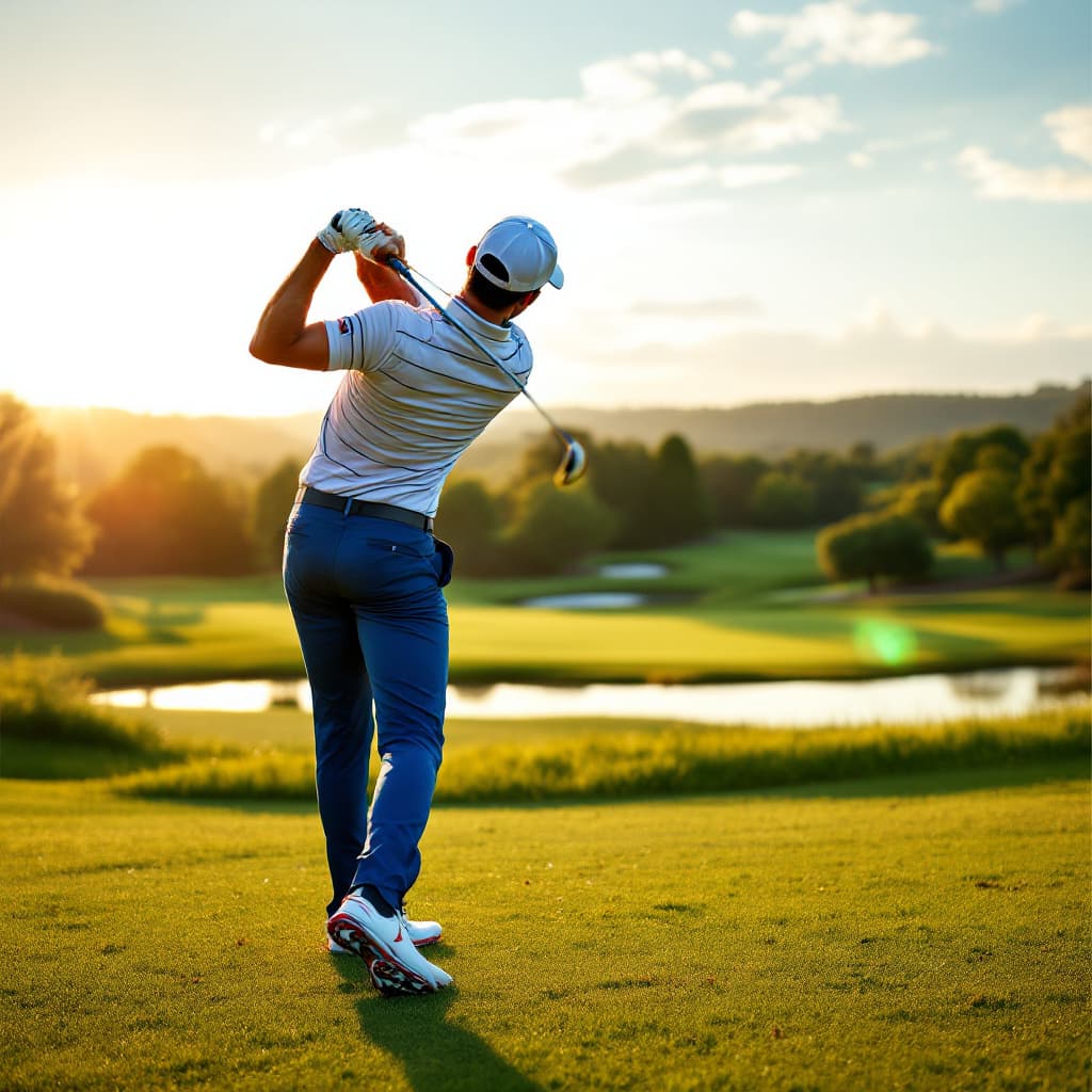 AI generated: "A professional golfer in an elegant sports outfit, wearing a white polo shirt with blue stripes, bl...