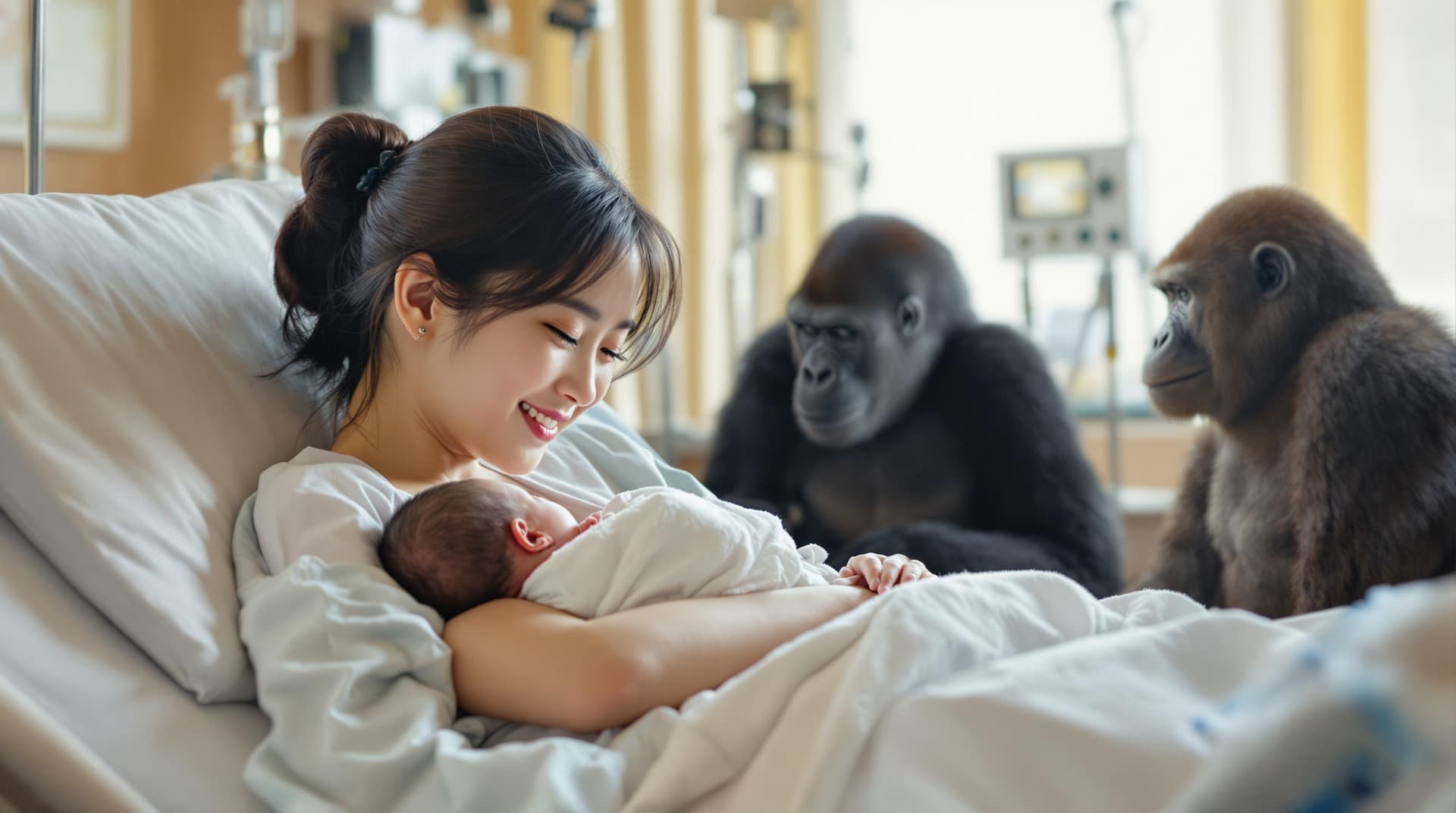 AI generated: A photo of a Korean mother in her 30s cuddling her newborn baby and smiling calmly, with a gorilla s...