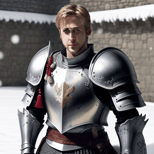 AI generated: Ryan Gosling A white male muscular armored Knight  in the snowy castle walls . He has a special plat...