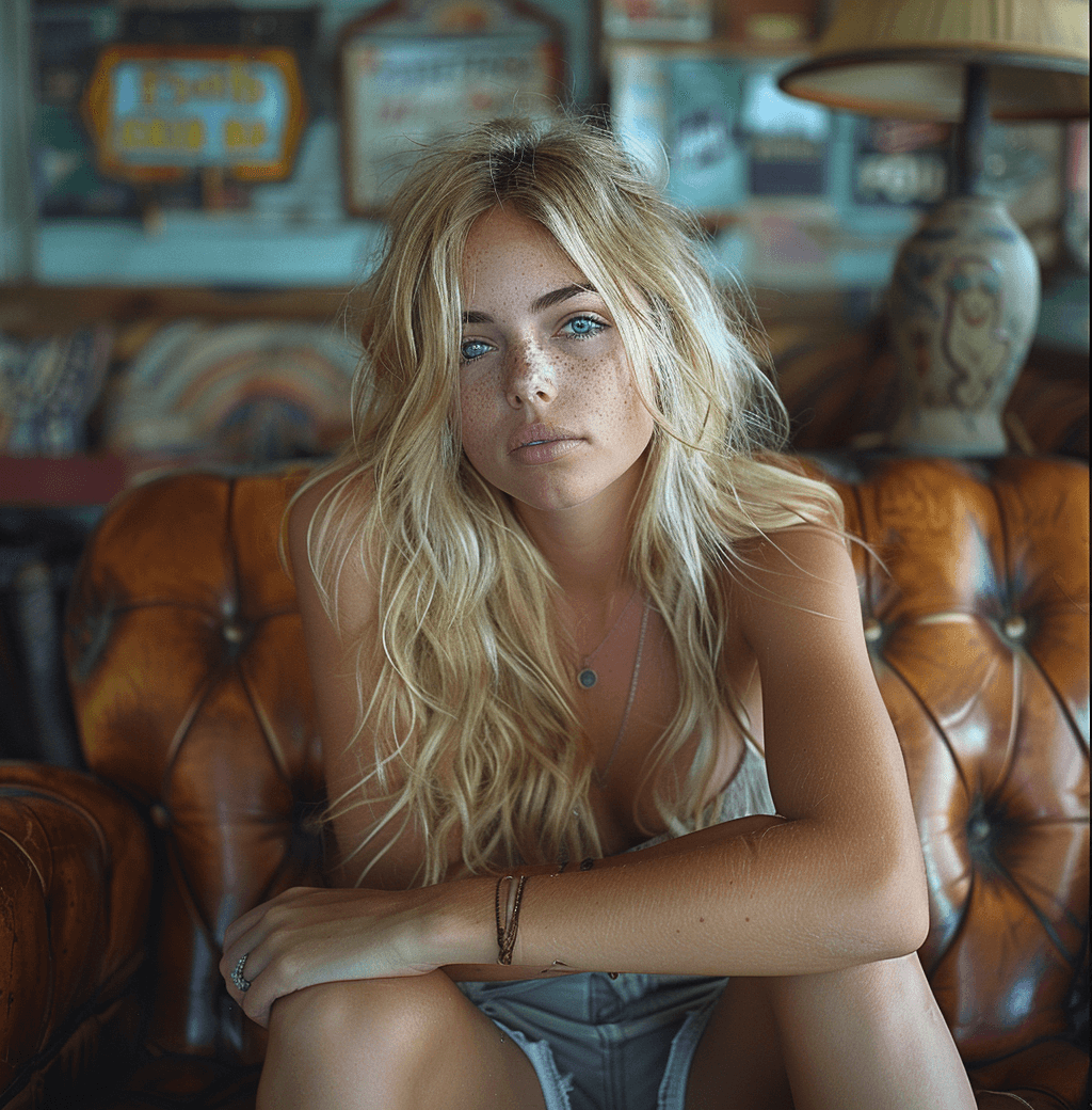 AI generated: a blonde woman with long hair leans on a chair, in the style of social media portraiture, earthcore,...
