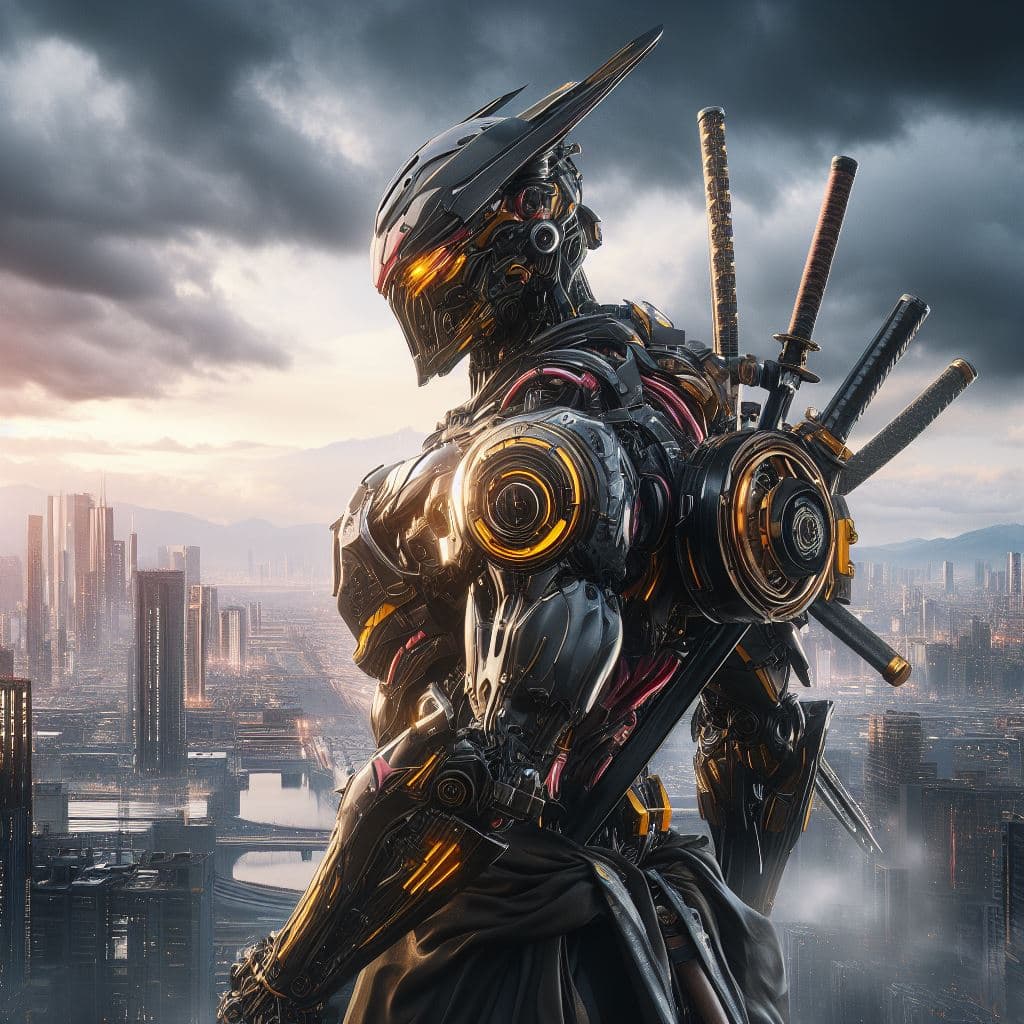 AI generated: Futuristic android robot Samurai, heavy damages, proud pose, epic composition, warframe, Ultrakill, ...