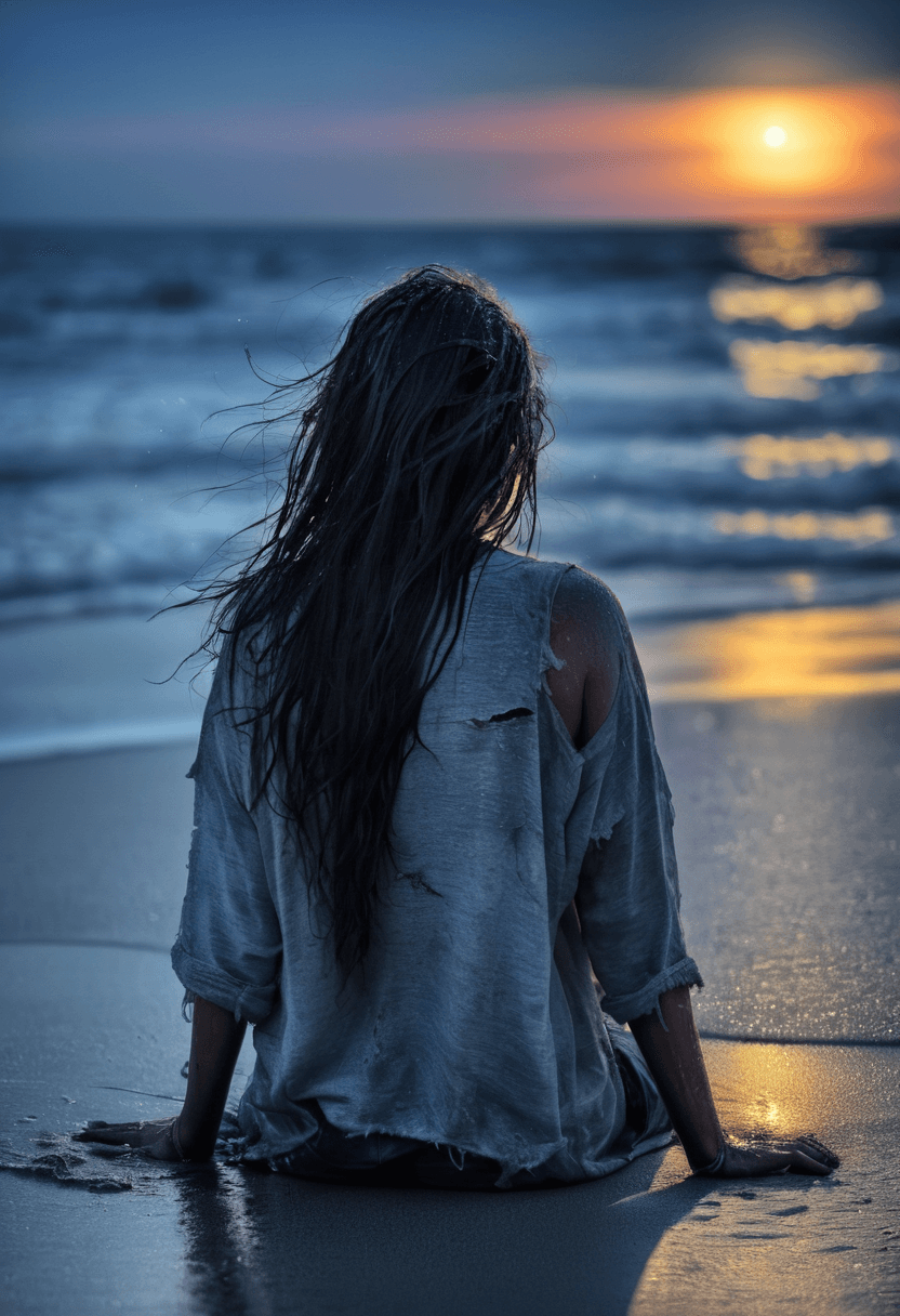 AI generated: woman, stranded on a beach, torn clothing, tousled hair, long hair, wet hair, wet clothes, night tim...