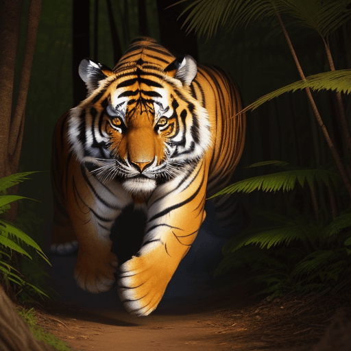 AI generated: A majestic tiger prowling through a dense jungle, its orange and black stripes blending with the sha...