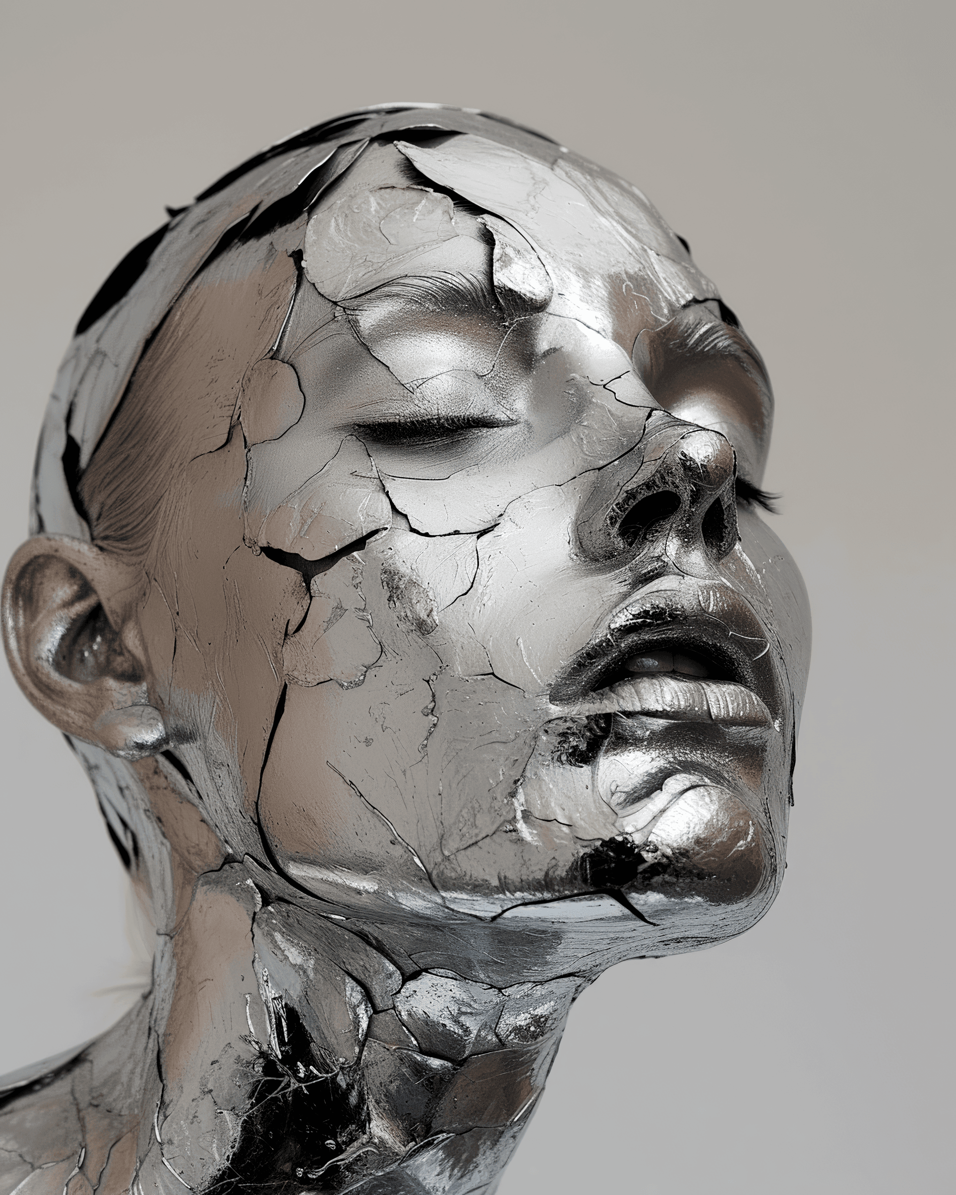AI generated: a woman with roses on her nose, in the style of made of liquid metal, layered fabrications, nicola s...