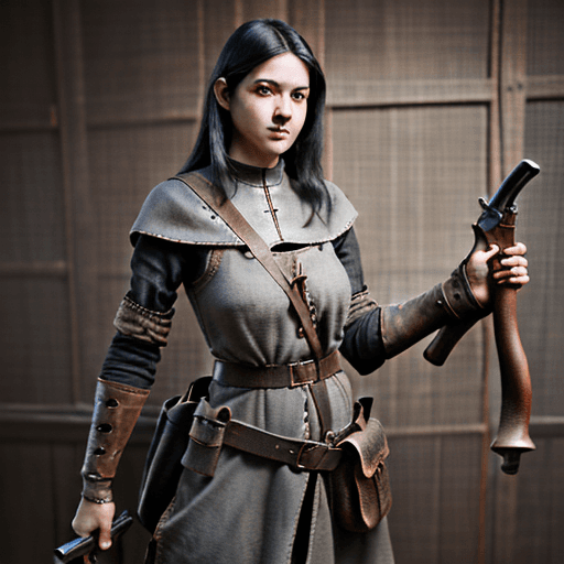 AI generated: blunderbuss in hand, gun in hand, medieval, engineer, medieval engineer, leather jerkin, Pouch over ...