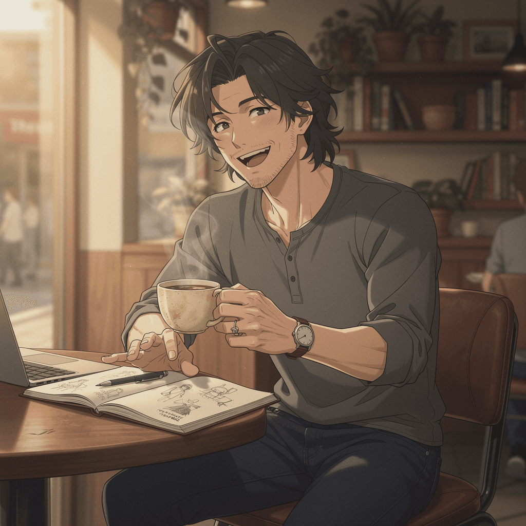 AI generated: Create an anime-style scene of Mason relaxed and genuinely happy in a coffee shop.

CHARACTER: 30-ye...