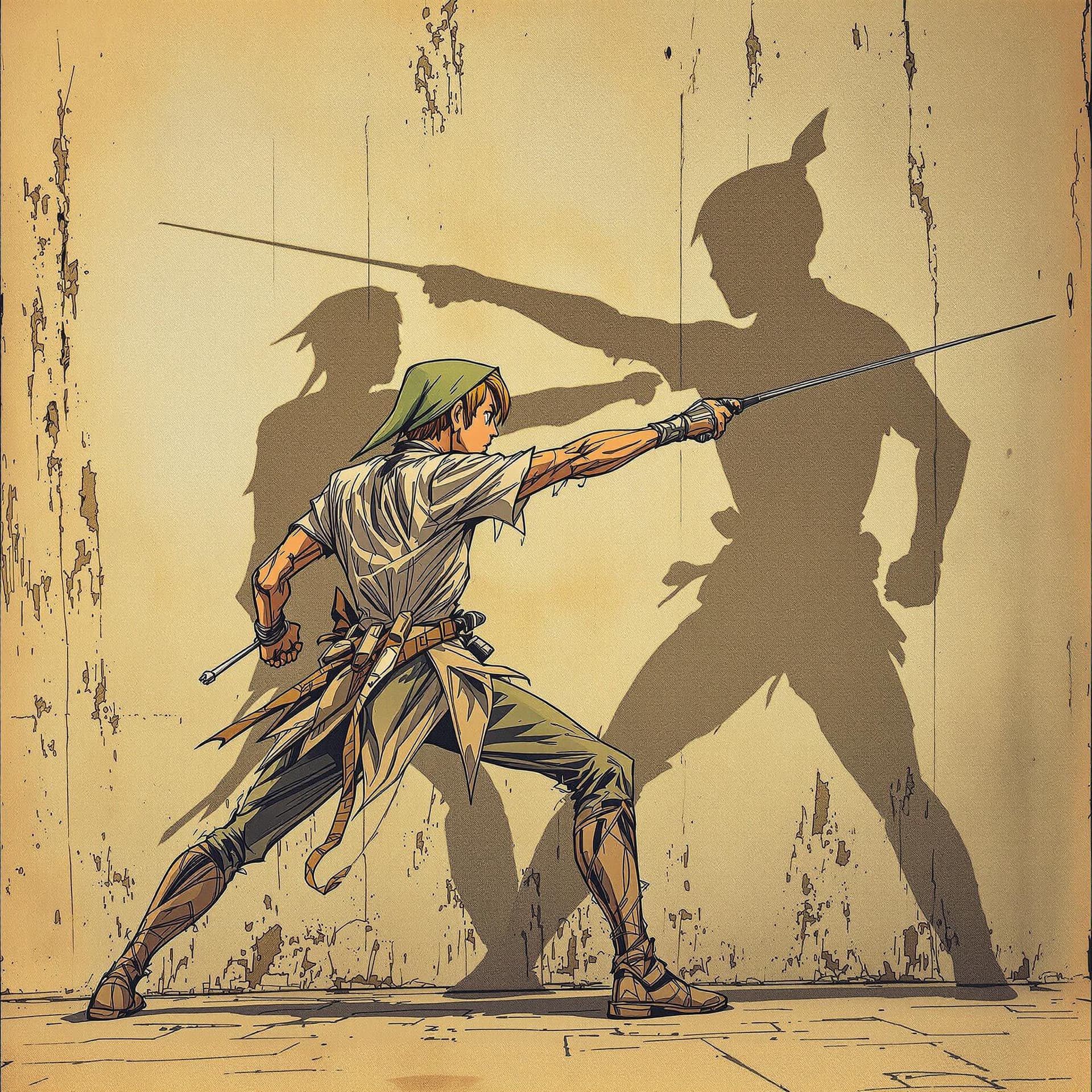 AI generated: Photorealistic comic book cover illustration, full body shot of peter pan fencing with his shadow ag...