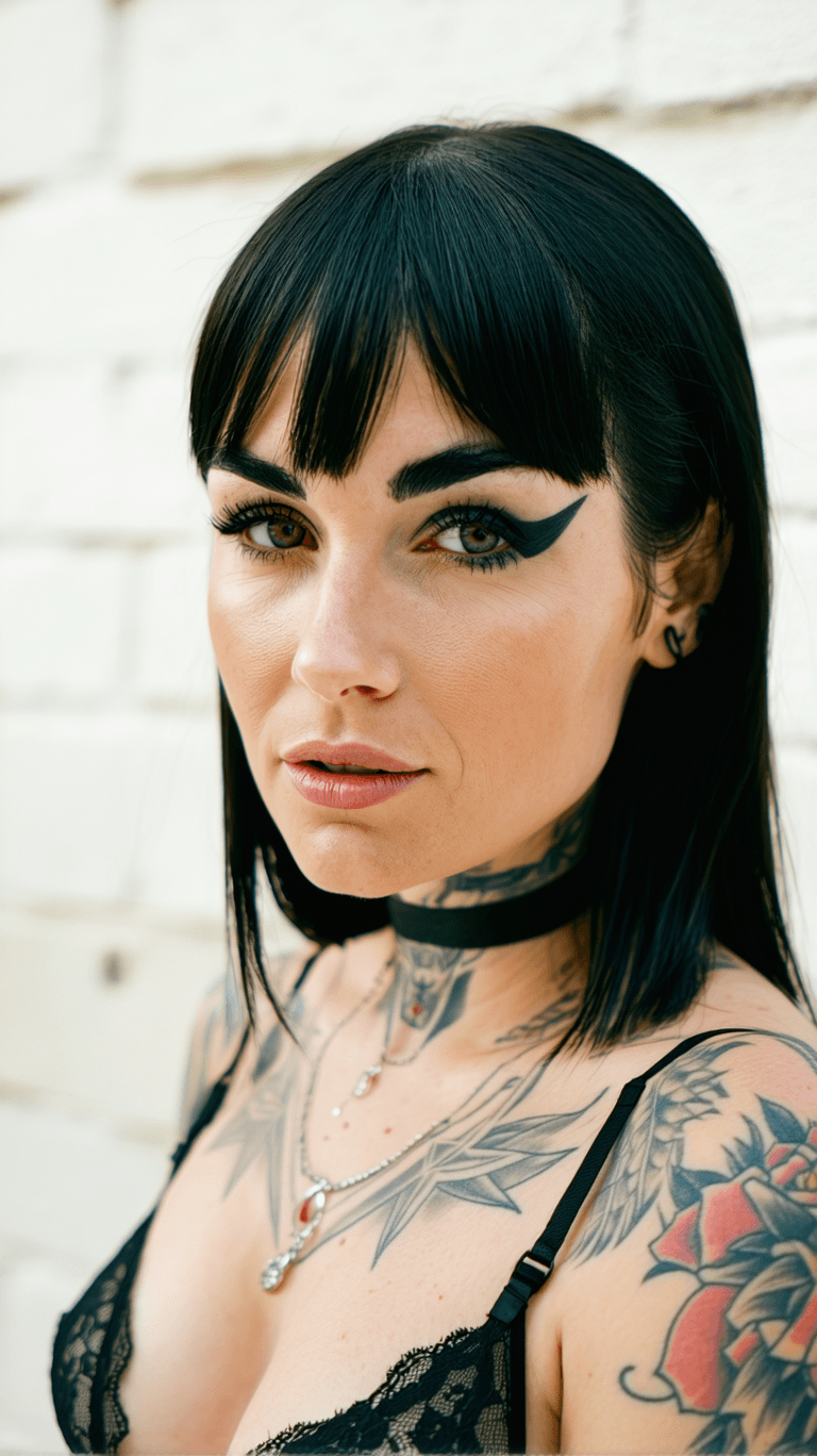 AI generated: A close-up portrait of a striking woman with sleek, straight black hair and tattoos on her shoulders...