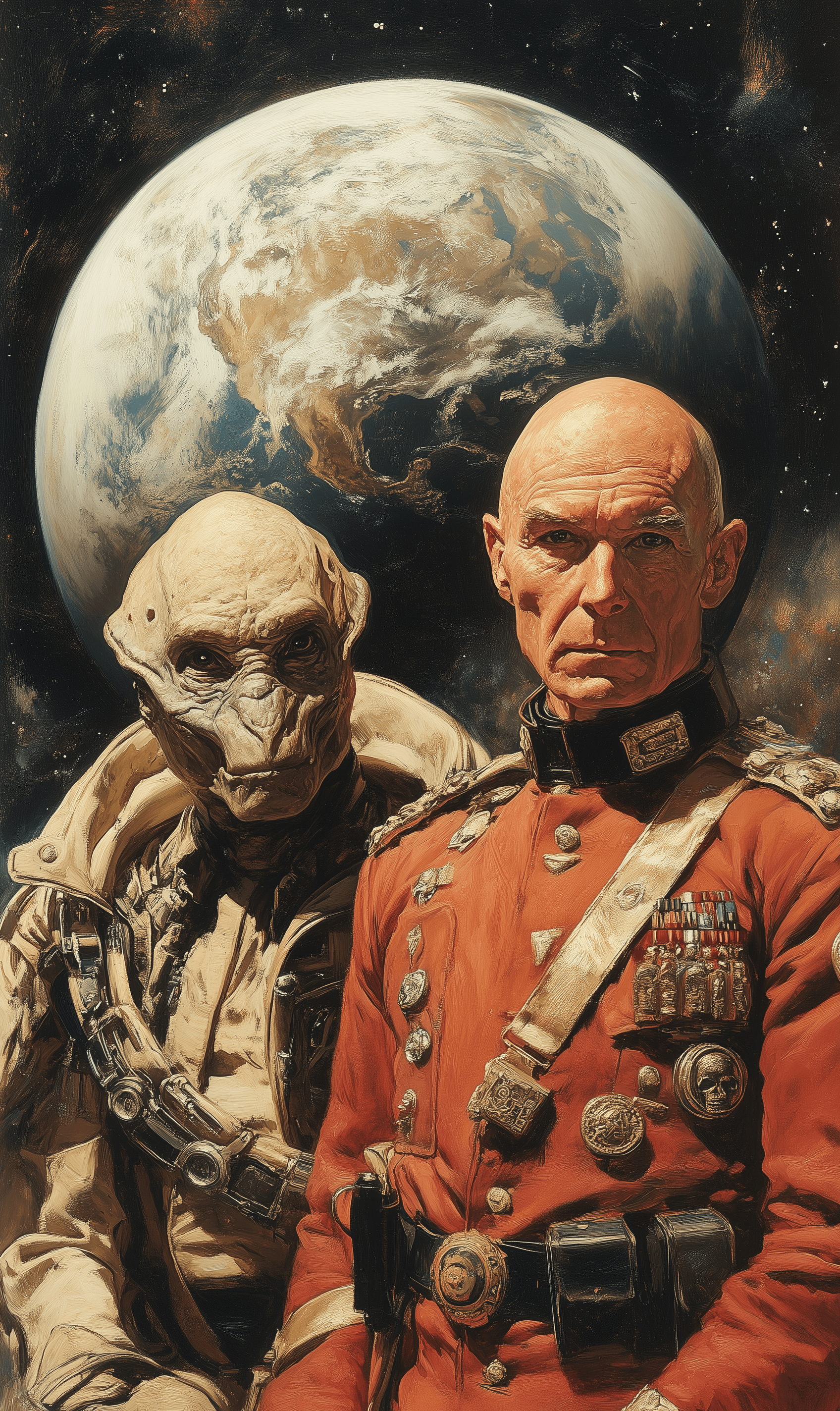AI generated: A cover of an old science fiction book, featuring two men in front and behind the planet Earth with ...
