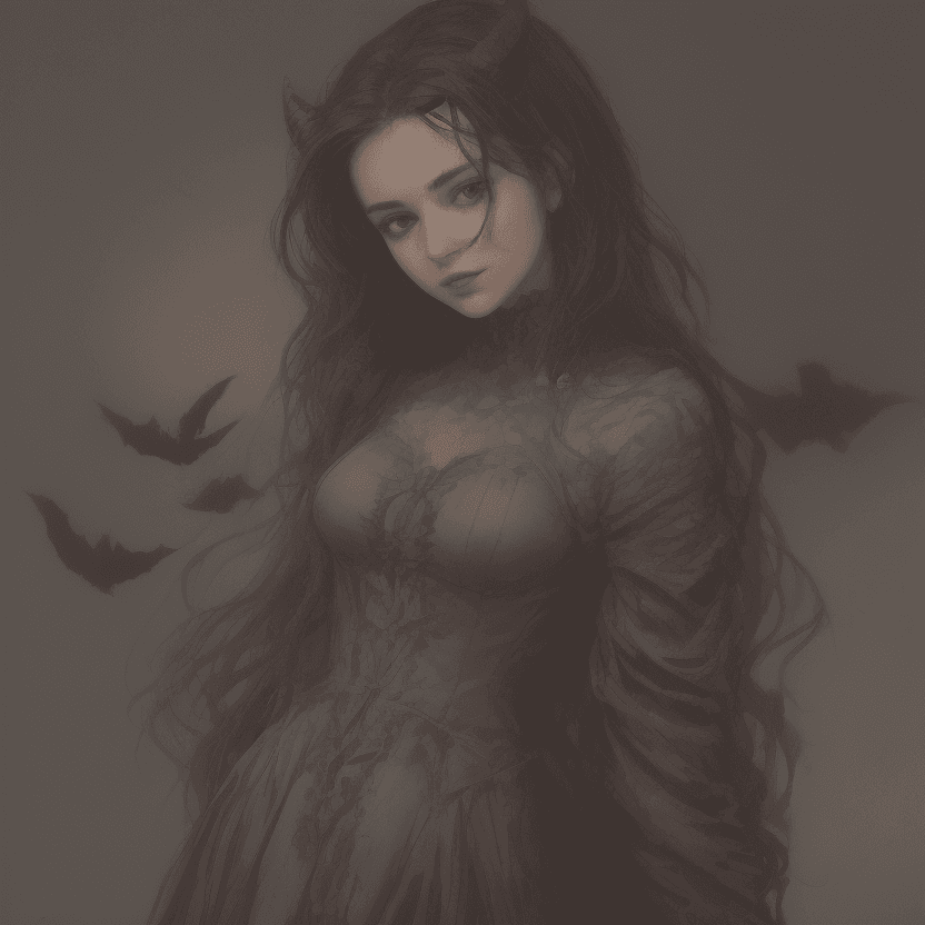 AI generated: a woman with long, dark hair and horns, wearing a brown dress, set against a dark, smoky background ...