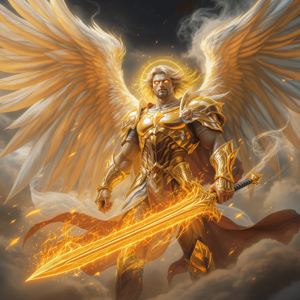 AI generated: a strong male angel in a warriors stance coated with a shining gold heavenly amour on, perfect eyes ...