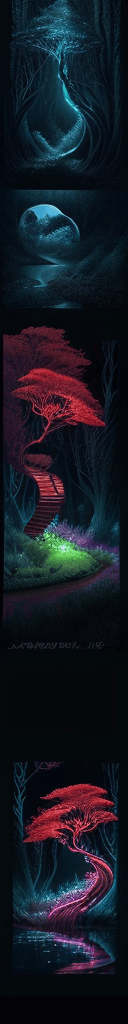 AI generated: Curve Biohouse in tree, River red wine color, Fantasy Wood noctilucent fantastical landscape, multic...