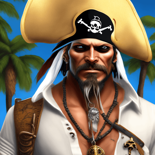AI generated: pirate, manly, (full body), white shirt, golden amulet with a skull on the neck , pirate hat with a ...