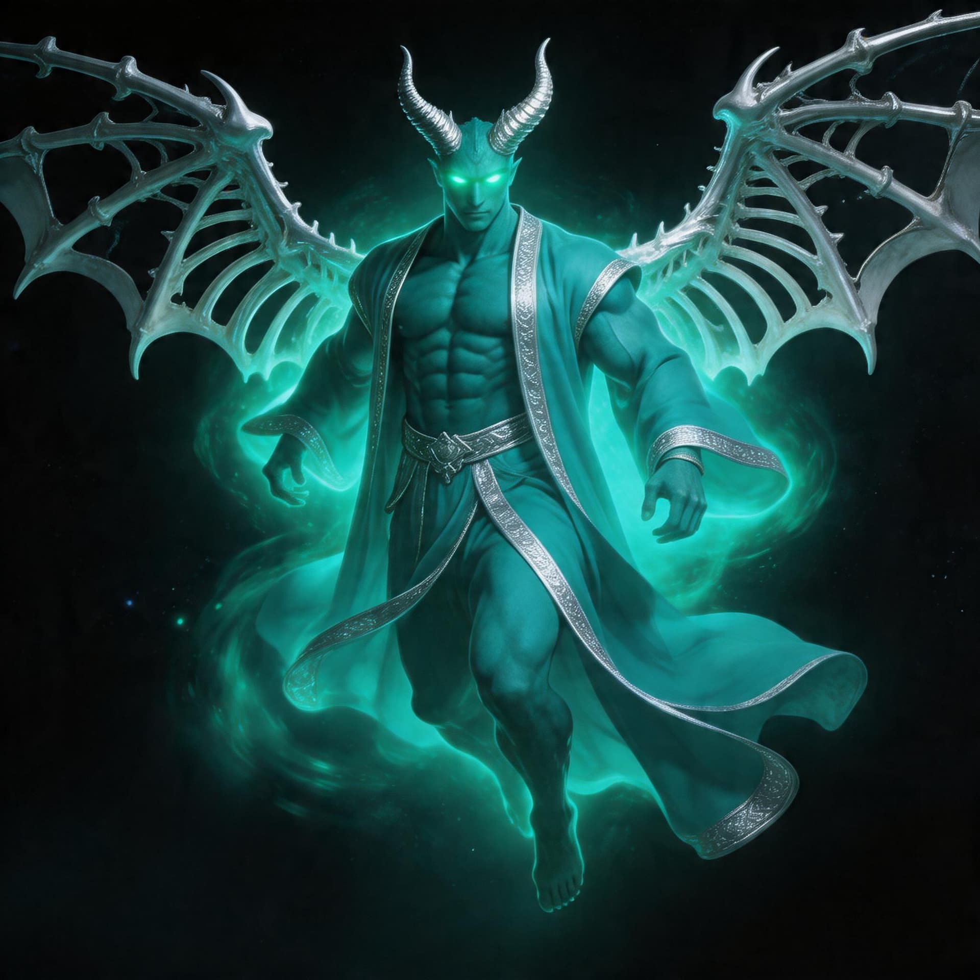 AI generated: create a god of dragons with teal colors with a god like aura surrounding him flying in darkness wit...