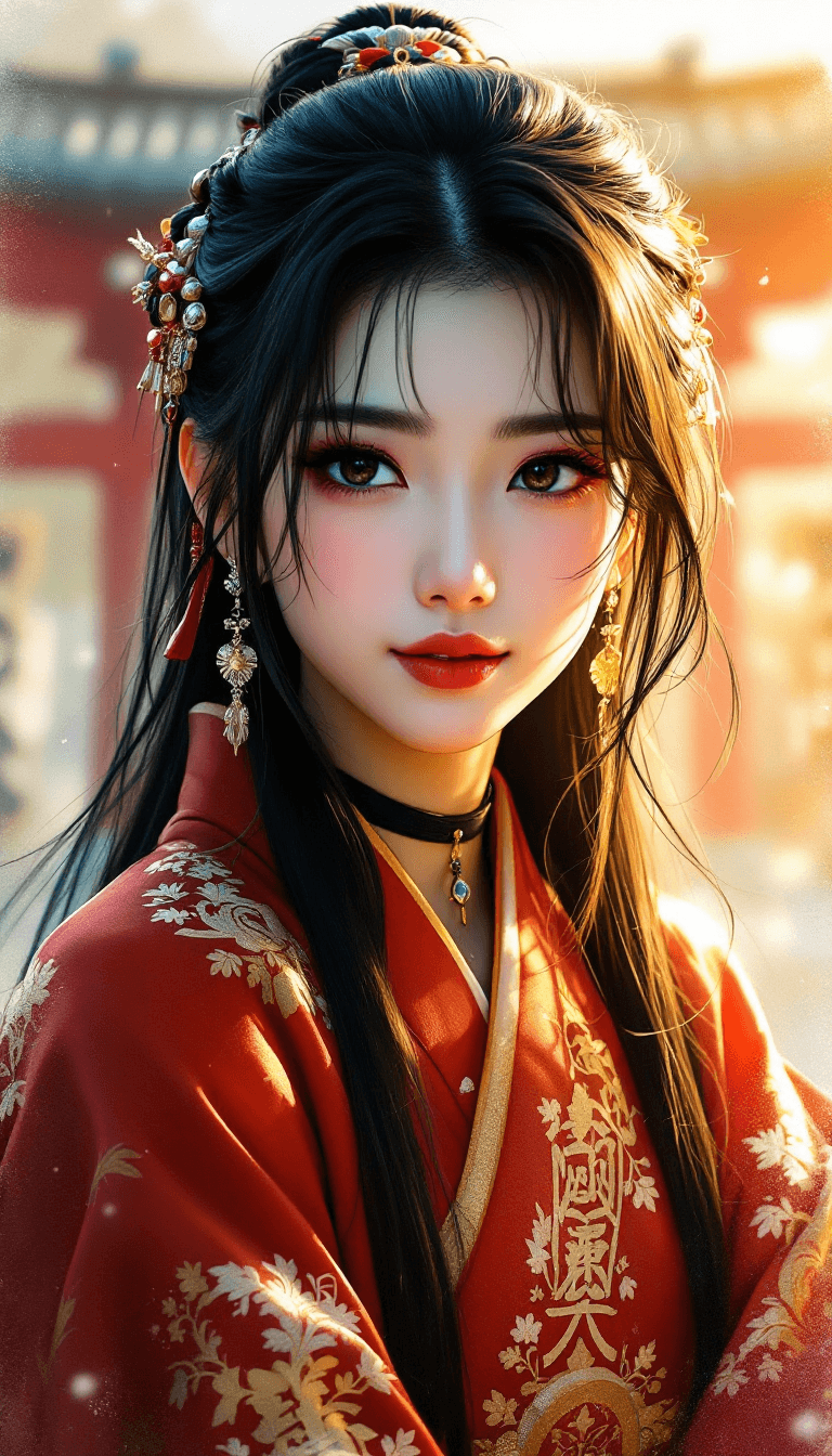 AI generated: OBxiaoxiang, inksplash portrait of stunning oriental princess stting outside shinto shrine, long hai...