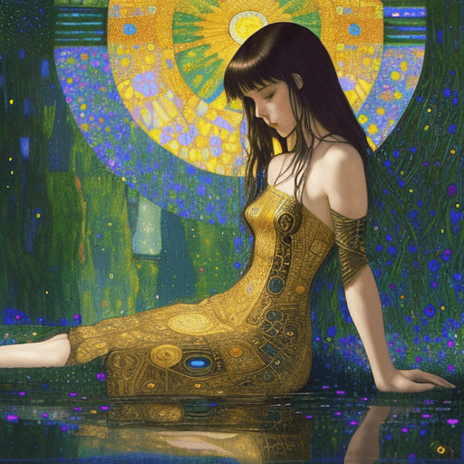 AI generated: ((Waterhouse)), Klimt style. Perfect profile  beautiful  sit down full body with a ((short dress)) (...