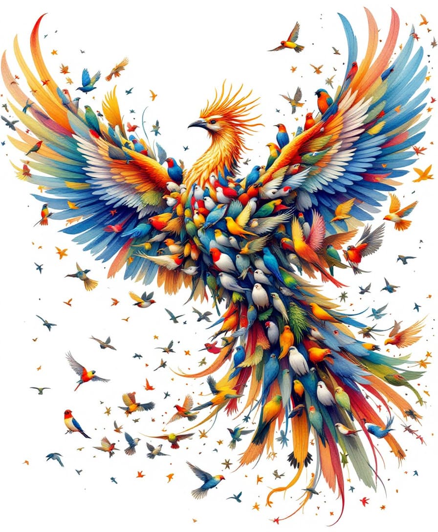 AI generated: A majestic phoenix-like bird with the head of a Hoopoe, composed entirely of various smaller birds. ...