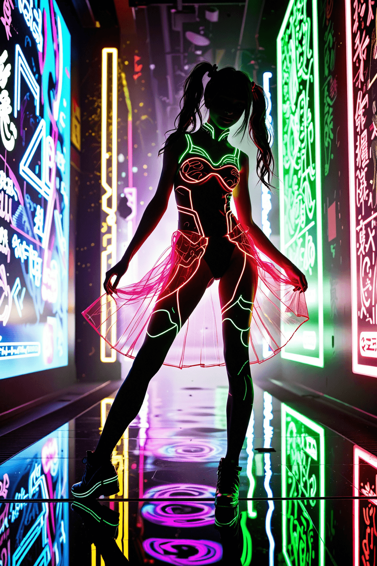 AI generated: neon dress in neon alley