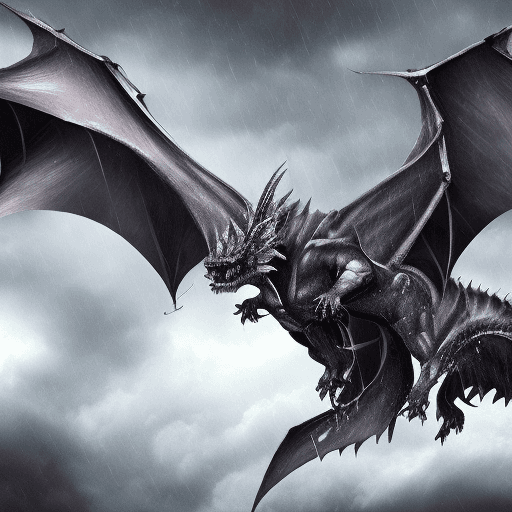 AI generated: realistic fierce dragon with black scales with wide span wings standing in a storm