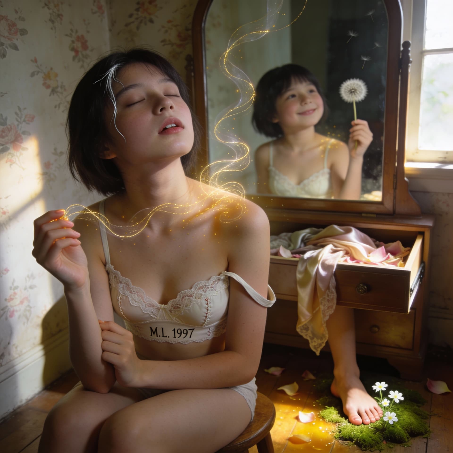 AI generated: Medium close-up of an 18-year-old woman seated on a wooden stool in a sunlit dressing room — faded f...