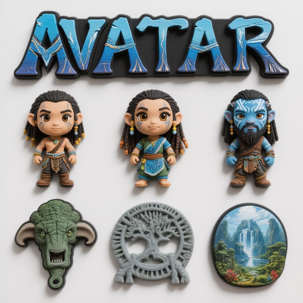 AI generated: “A flat-lay collection of exactly 9 hyper-realistic 3D resin fridge magnets arranged on a bright pur...