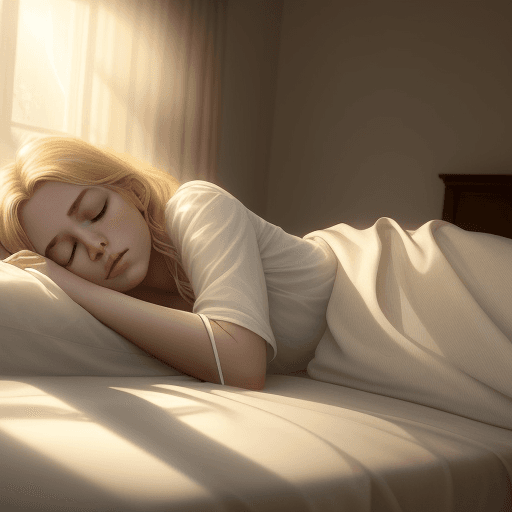 AI generated: Hyper realistic young blonde woman wakes up in a simple bed. Faint rays of light penetrate the windo...