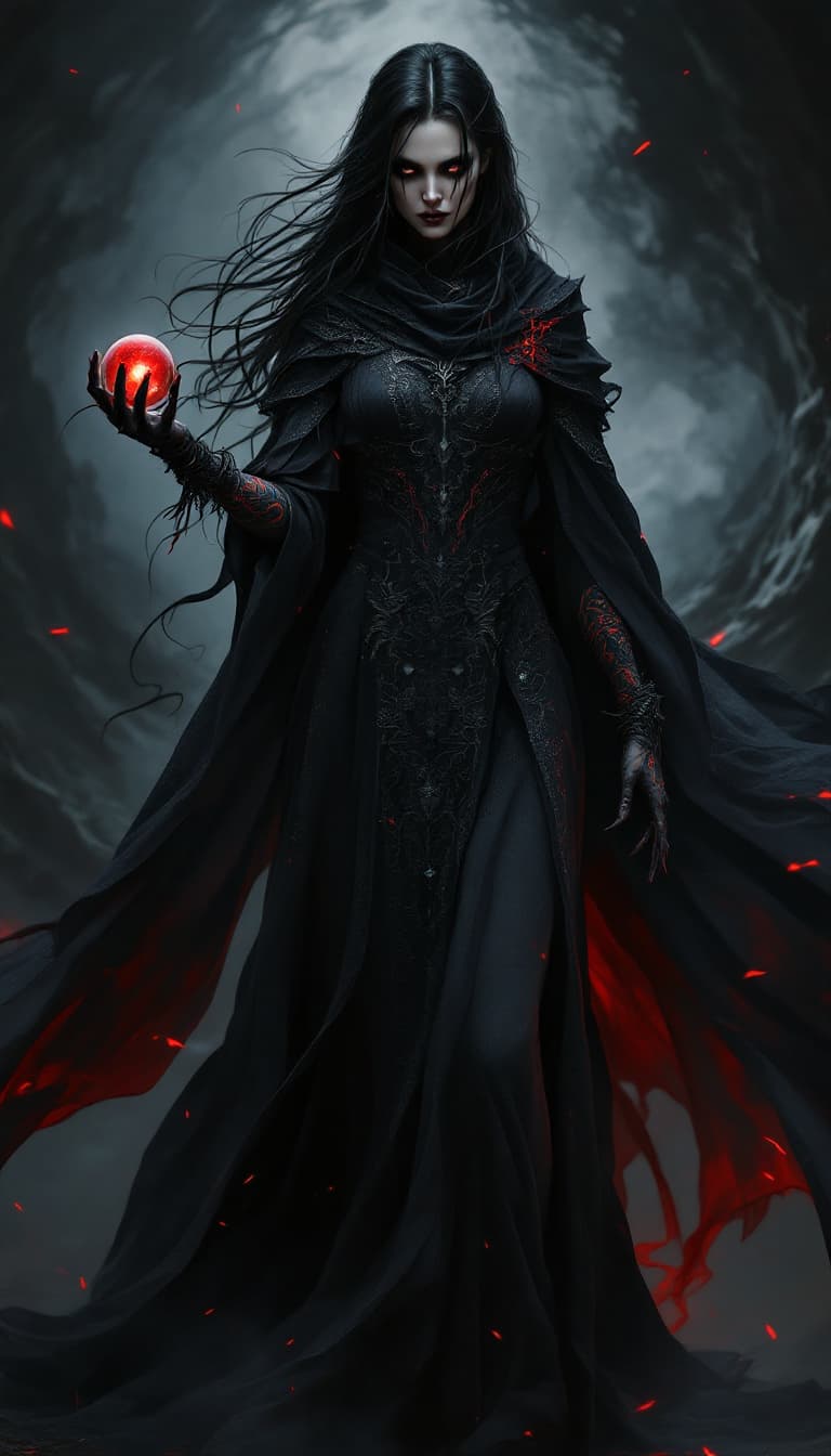 AI generated: An ultra-realistic, full-body depiction of a shadow priestess woman, emanating an aura of dark myste...