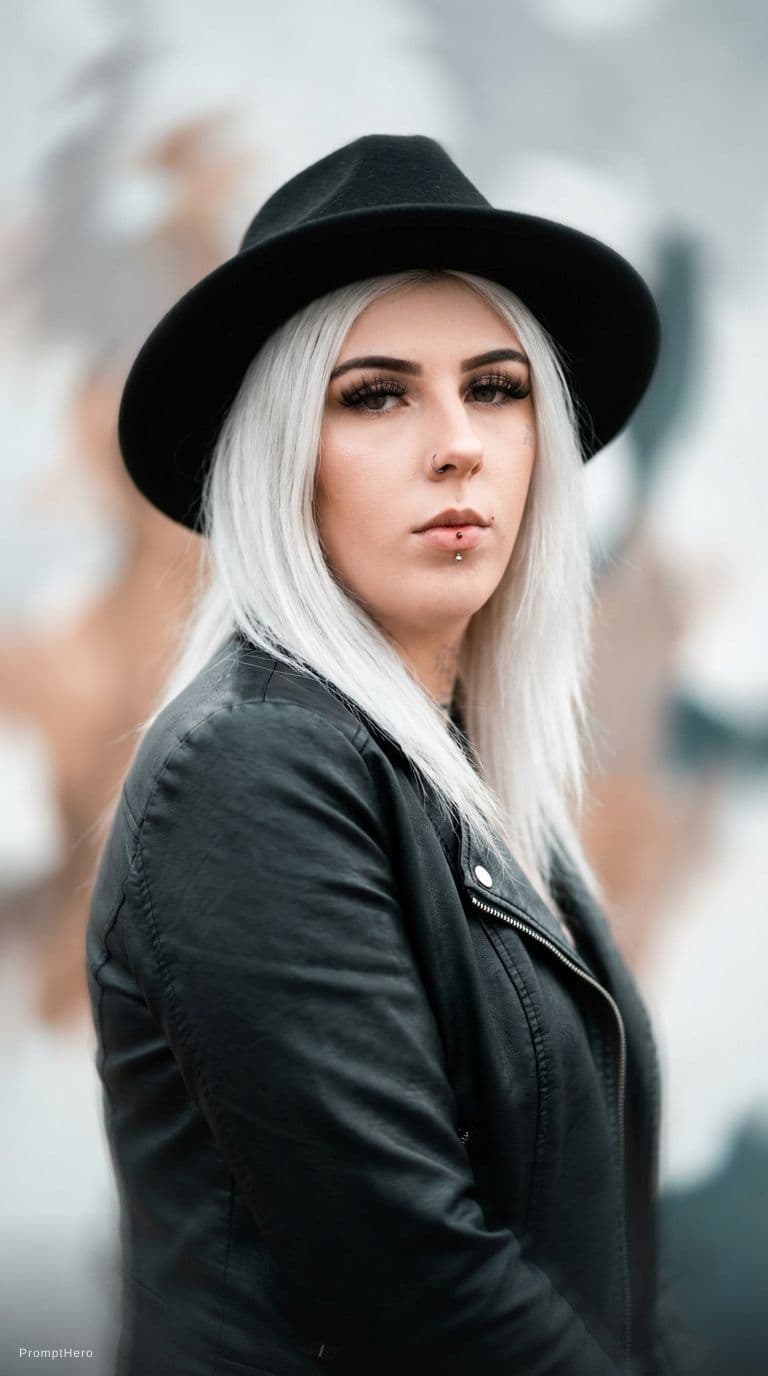 AI generated: a woman with white hair wearing a tight black jacket and a hat, in the style of mashup of styles, li...