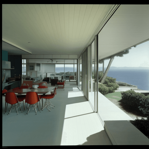 AI generated: Hyper realistic eye level exterior photo of a mid century modern style house overlooking the ocean, ...
