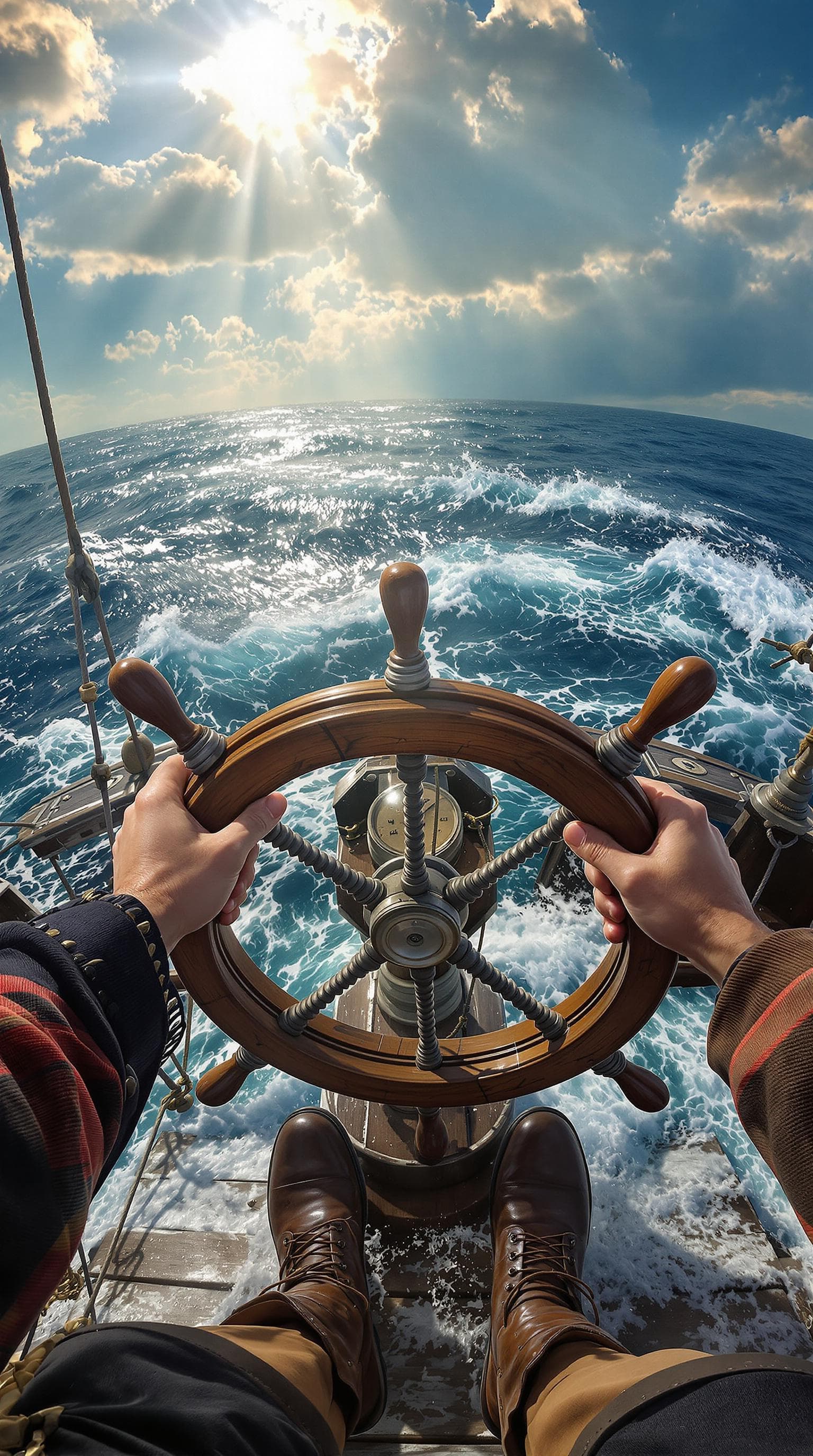 AI generated: first person POV, hands holding a pirate ship steering wheel with visible cracks in the wood, leathe...