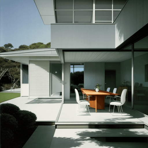 AI generated: Hyper realistic eye level exterior photo of a mid century modern style house overlooking the ocean, ...