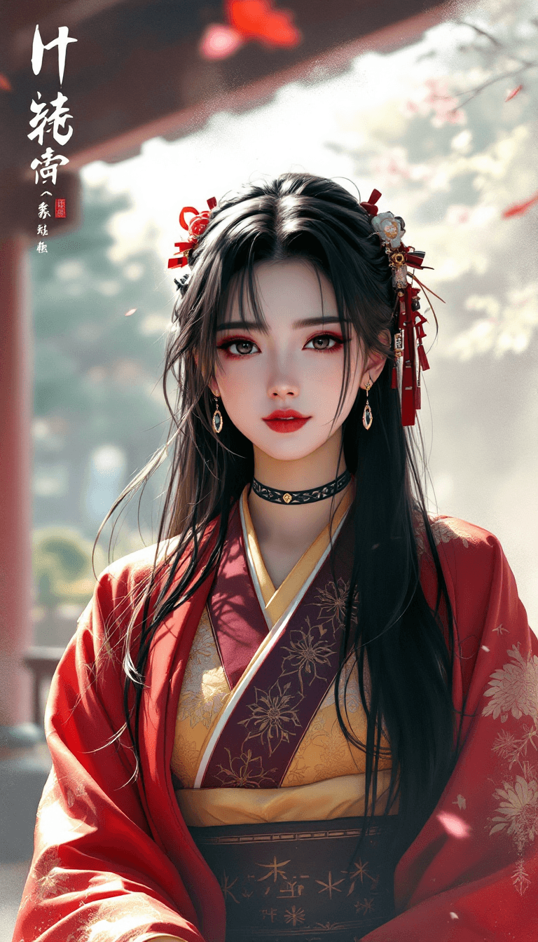 AI generated: OBxiaoxiang, inksplash portrait of stunning oriental princess stting outside shinto shrine, long hai...