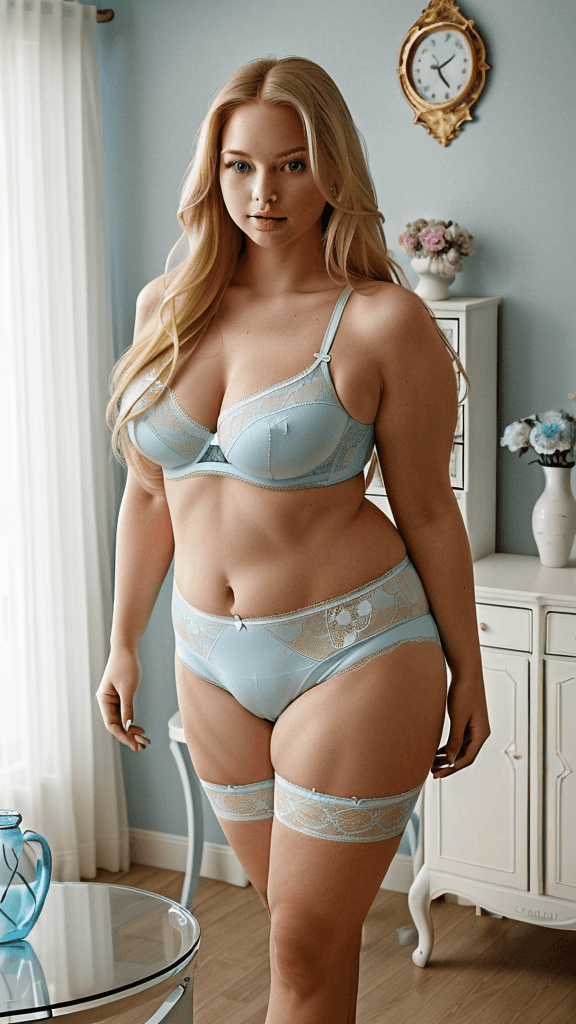 AI generated: beautiful curvy American woman with long blonde hair. She is standing in a modern, wearing a light b...