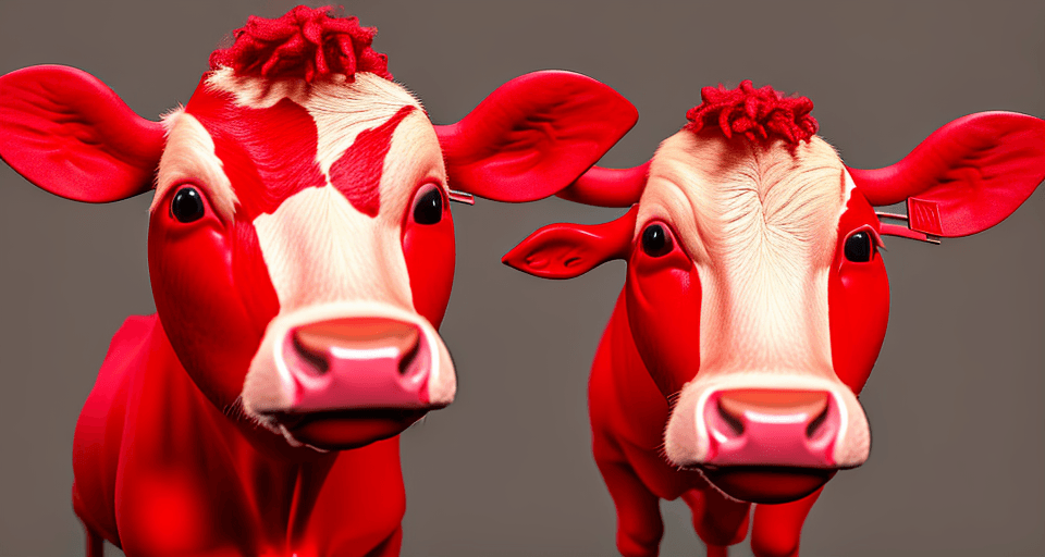 AI generated: portrait of a cow dressed as a red t-shirt, hyper-realistic, ultra-detailed, high end finish, super ...