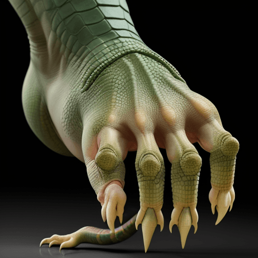 AI generated: a human foot similar to a dinosaur's foot with reptile claws instead of human nails