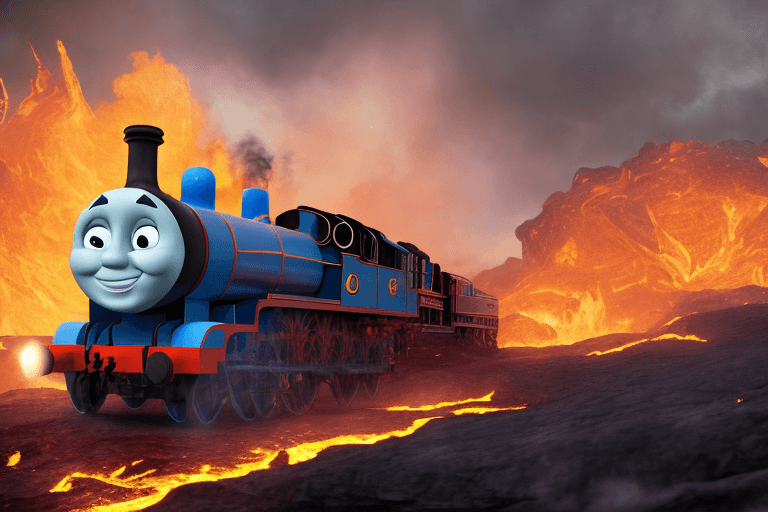 AI generated: high wide view photograph of cheerful smiling Thomas the Tank Engine driving through the fiery lava ...