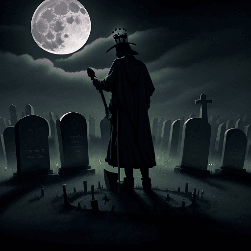 AI generated: night light, cloudy full moon, tombstones on a meadow, a poorly dressed gravedigger with a shining r...