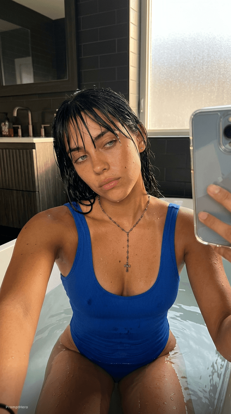 AI generated: Ultra realistic iPhone 14 selfie photo of a young Latina goth girl sitting in a bathtub, handheld sm...