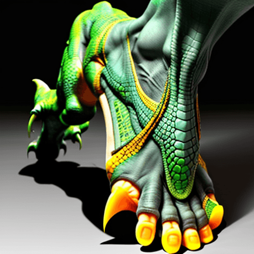AI generated: a human foot similar to a dinosaur's foot with reptile claws instead of human nails