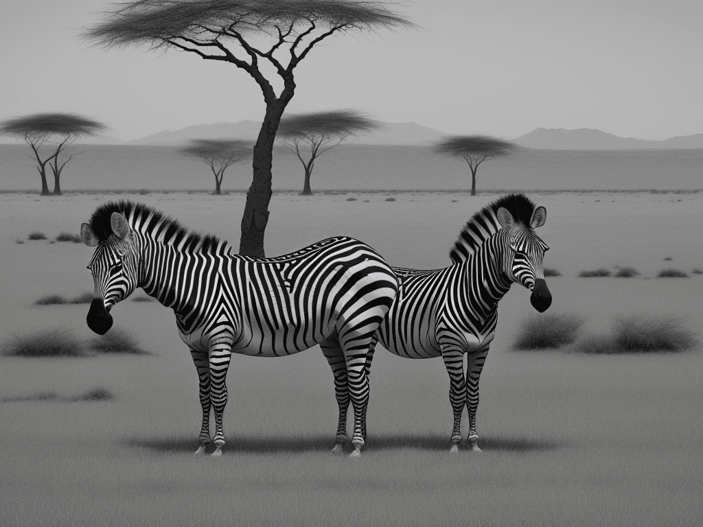 AI generated: Multicolored striped zebra standing in mono coloured grassland with one acacia tree