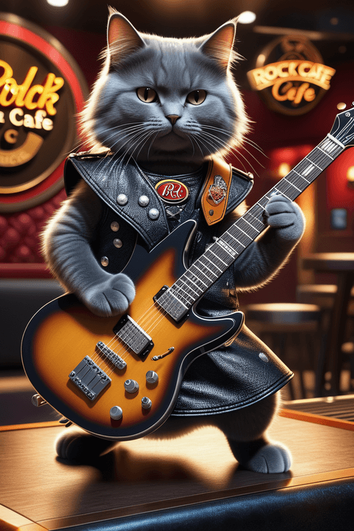AI generated: a  cat dress rock style clothes is playing a guitar. Hard rock cafe background, detailed, 8k, realis...