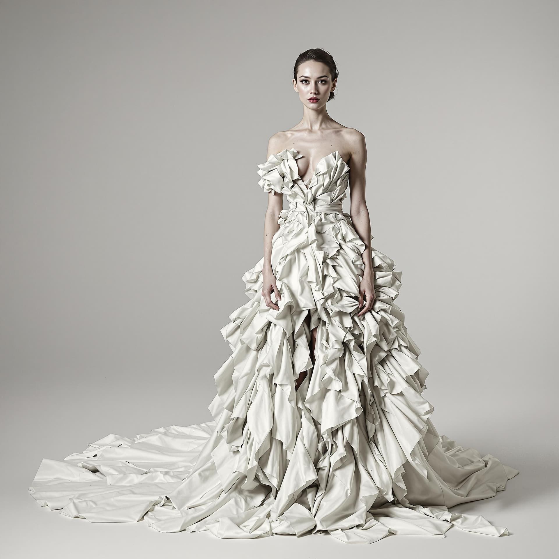 AI generated: high fashion portrait of a woman with rough skin, wearing a dress made from light fabric in the styl...