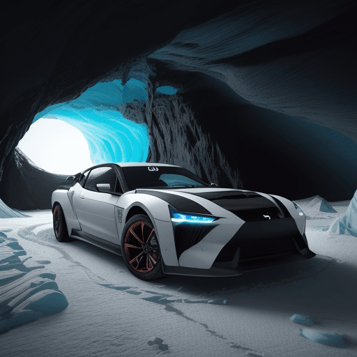 AI generated: Drifting Photography of a DMC12 car drifting through a Martian ice cave, the planet's thin atmospher...
