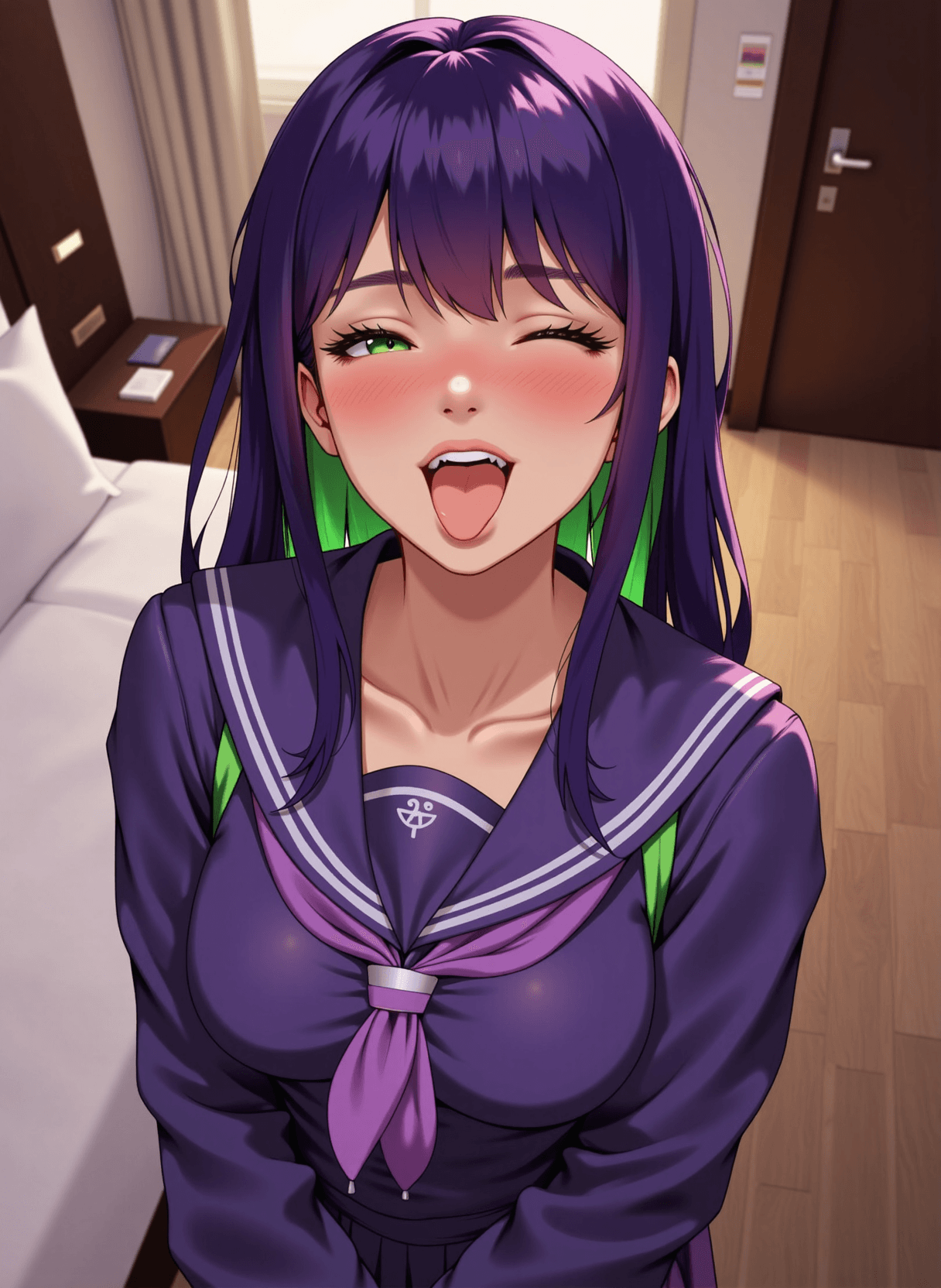 AI generated: a sensual girl, purple hair with green highlights, looking up at the camera, looking straight into t...