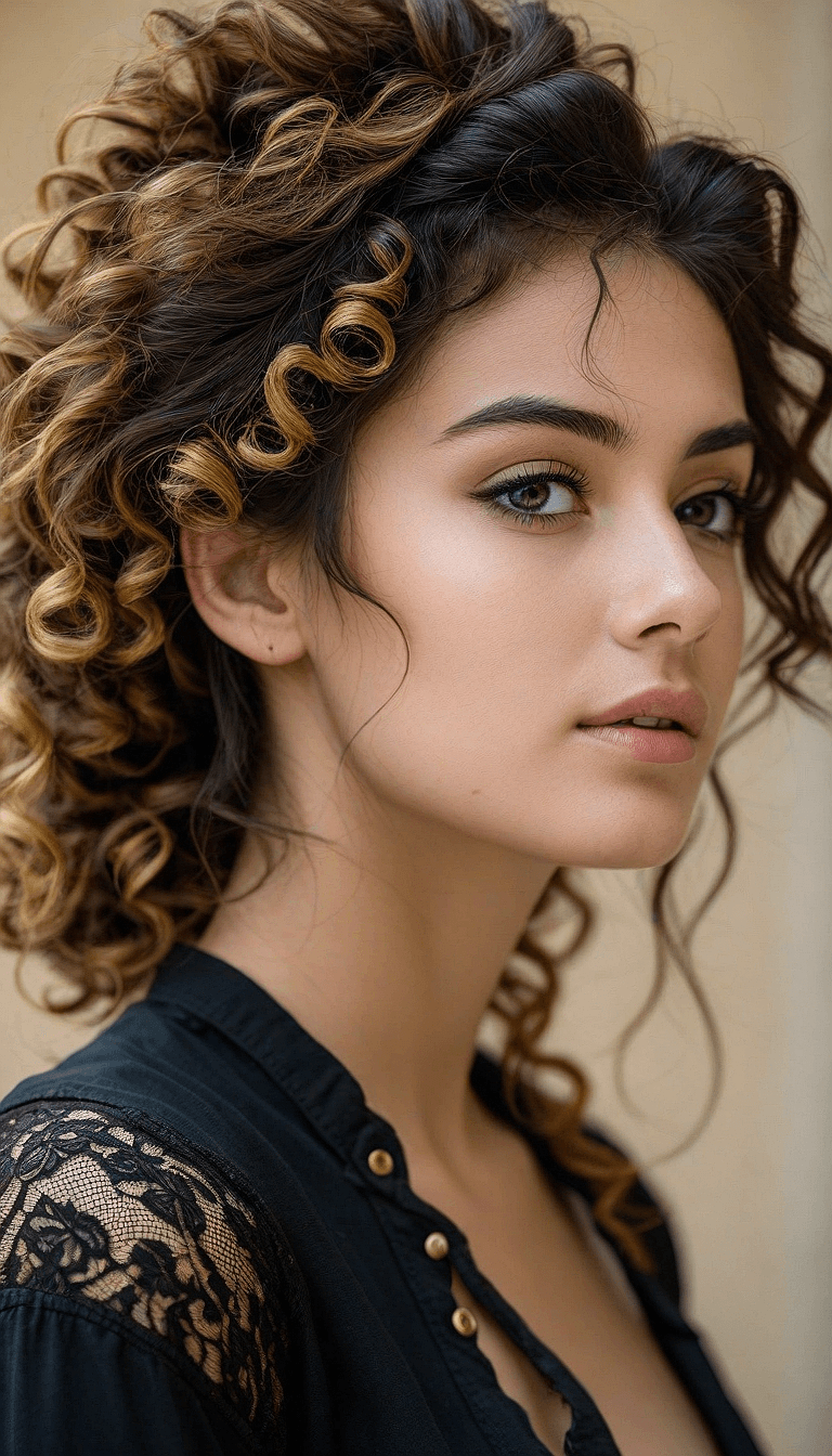 AI generated: An image of a young firl with fair to medium skin and voluminous curly hair that has dark to golden ...