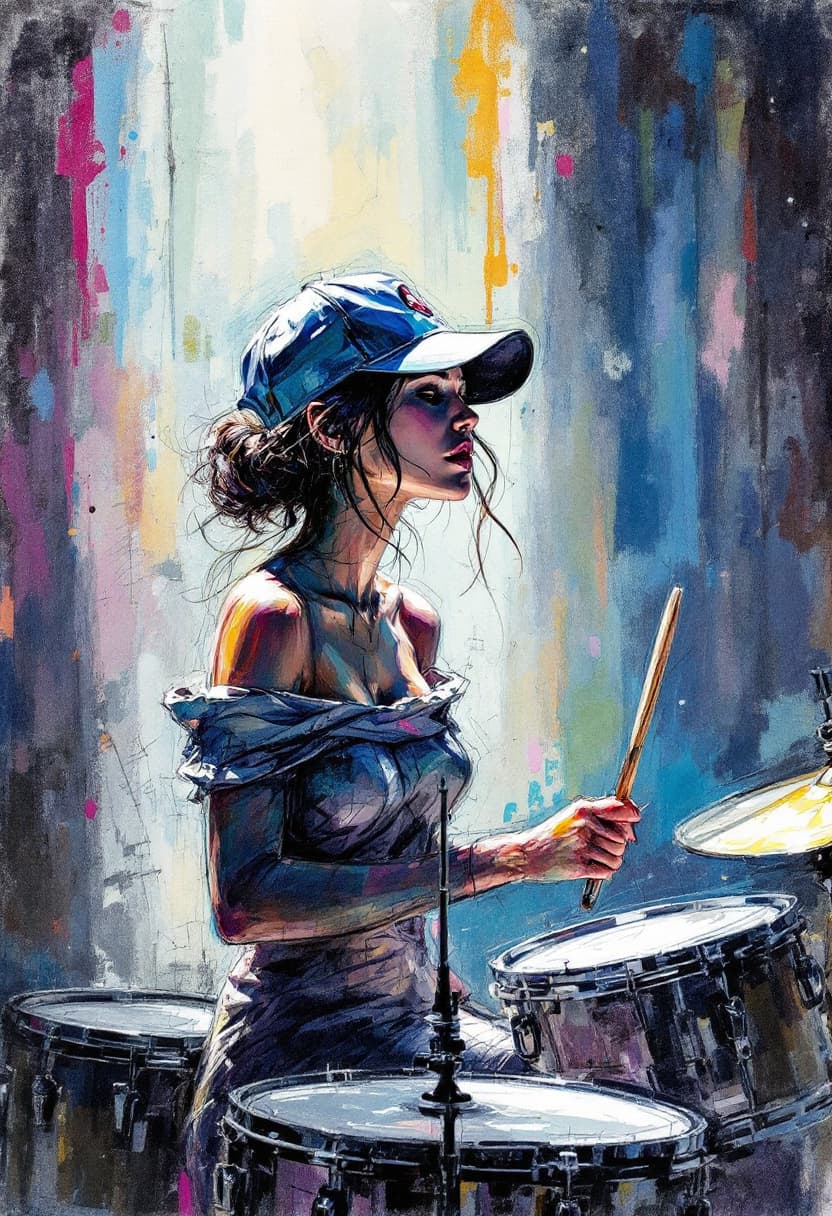 AI generated: Sketch Art, Beautiful Colored Pencil Line, Artistic Brush Strokes, Beautiful, Woman in Cap Playing D...