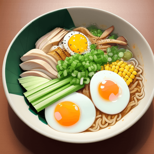 AI generated: A bowl of Japanese ramen noodles with sliced chicken, a fried egg, and green onions and corn