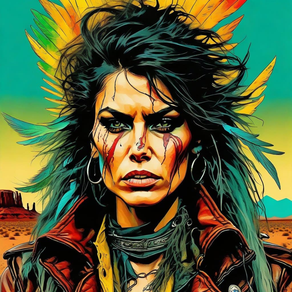 AI generated: A portrait spaghetti western poster of a female native cowgirl, slight cyan/green cast, tears of blo...